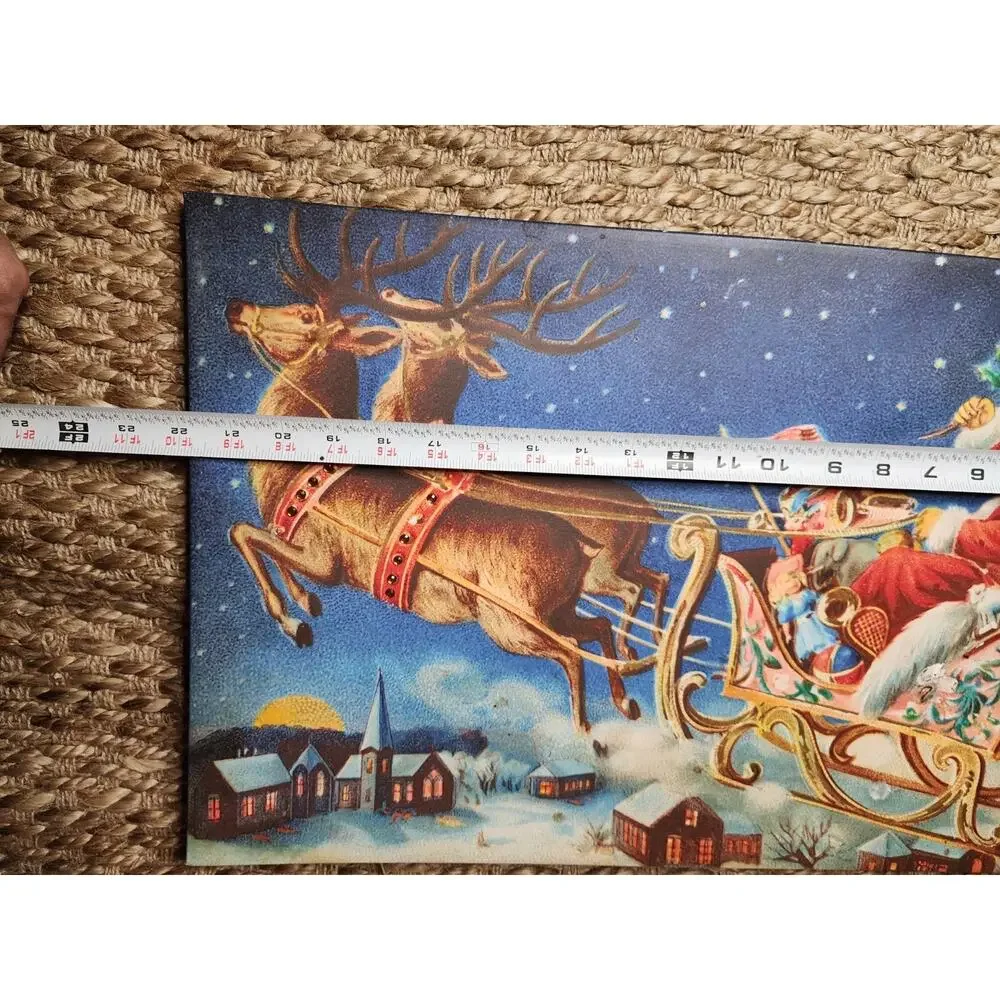 Vtg. Merry Christmas Wall Art Canvas Santa Claus Flying Reindeer Holiday Decor